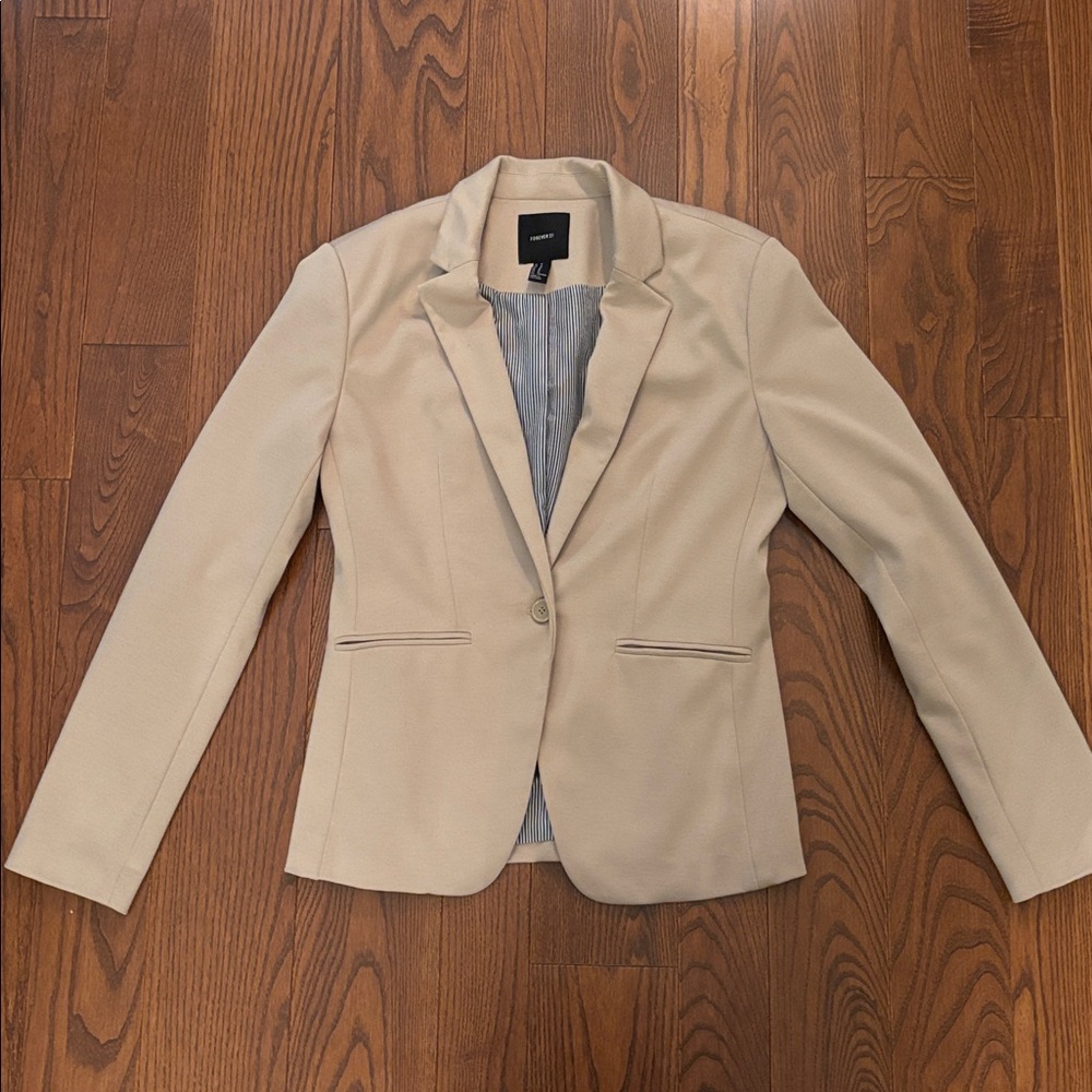 Forever 21 Classic Tan Blazer with Navy & White Striped Lining